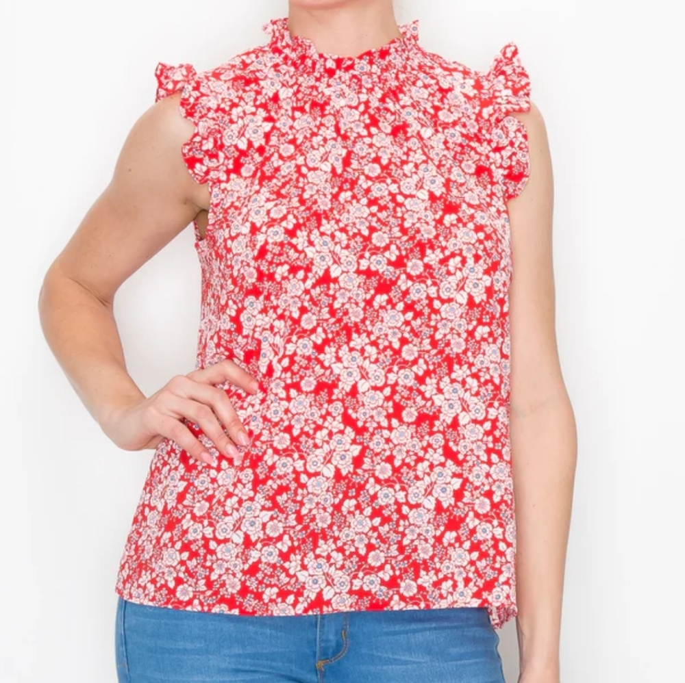 W5 WATERCOLOR FLORAL RUFFLE SLEEVE TOP SIZE MED